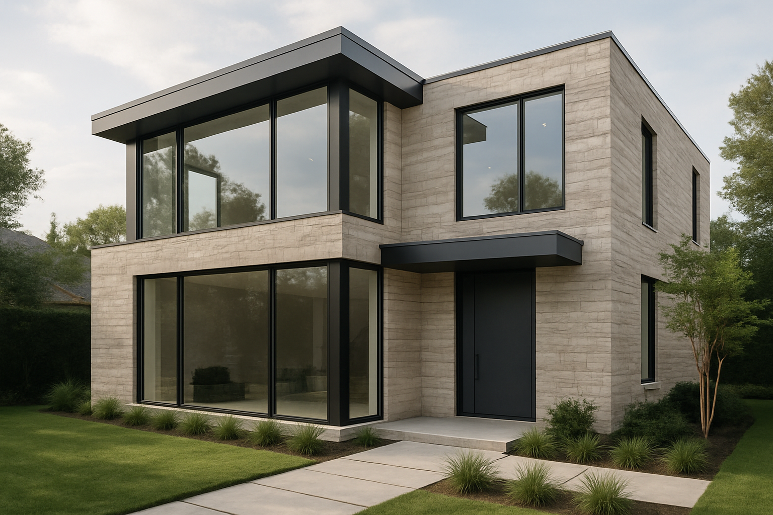 Modern two-story residential build with light stone facade and large windows