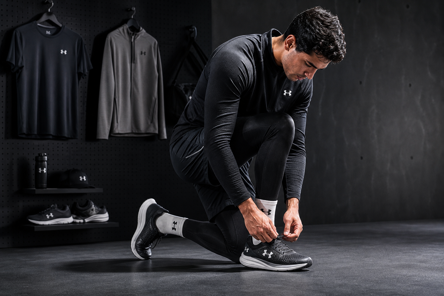 Focused athlete lacing performance running shoes beside a minimalist gear wall