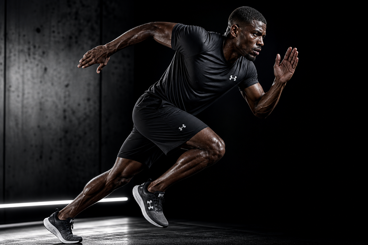 High-performance athlete sprinting in premium training apparel and sleek running shoes, captured in dramatic studio lighting