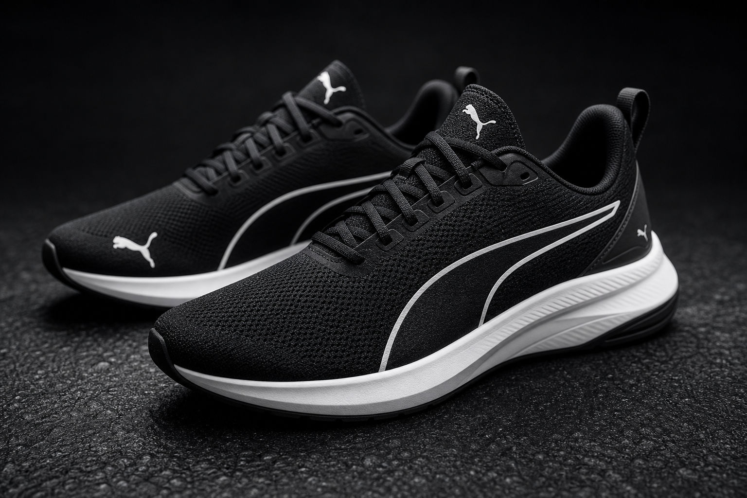 Pair of sleek black Puma running shoes with white accents on a dark textured surface