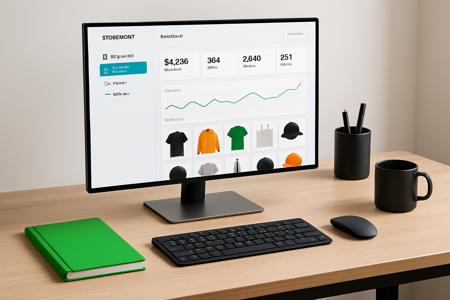 Modern ecommerce team workspace with a large monitor showing a storefront analytics dashboard, a green accent notebook, clean desk accessories, and bright studio lighting
