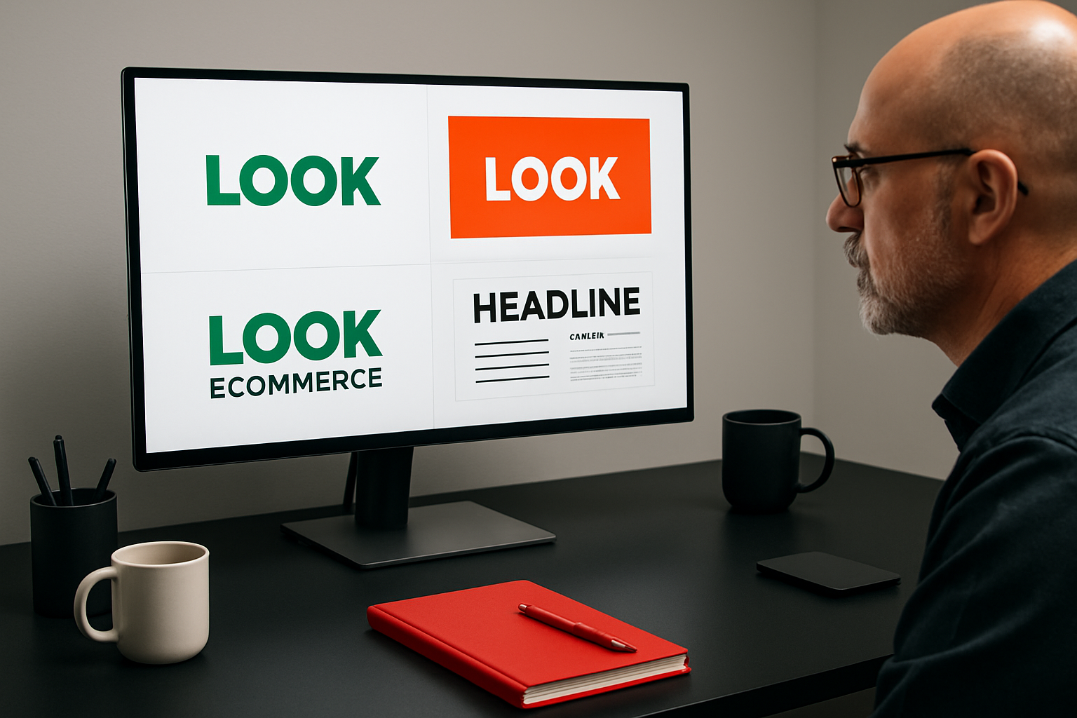 Veteran marketing designer workspace with a large monitor showing brand layouts, a red notebook, black desk accessories, and clean studio lighting