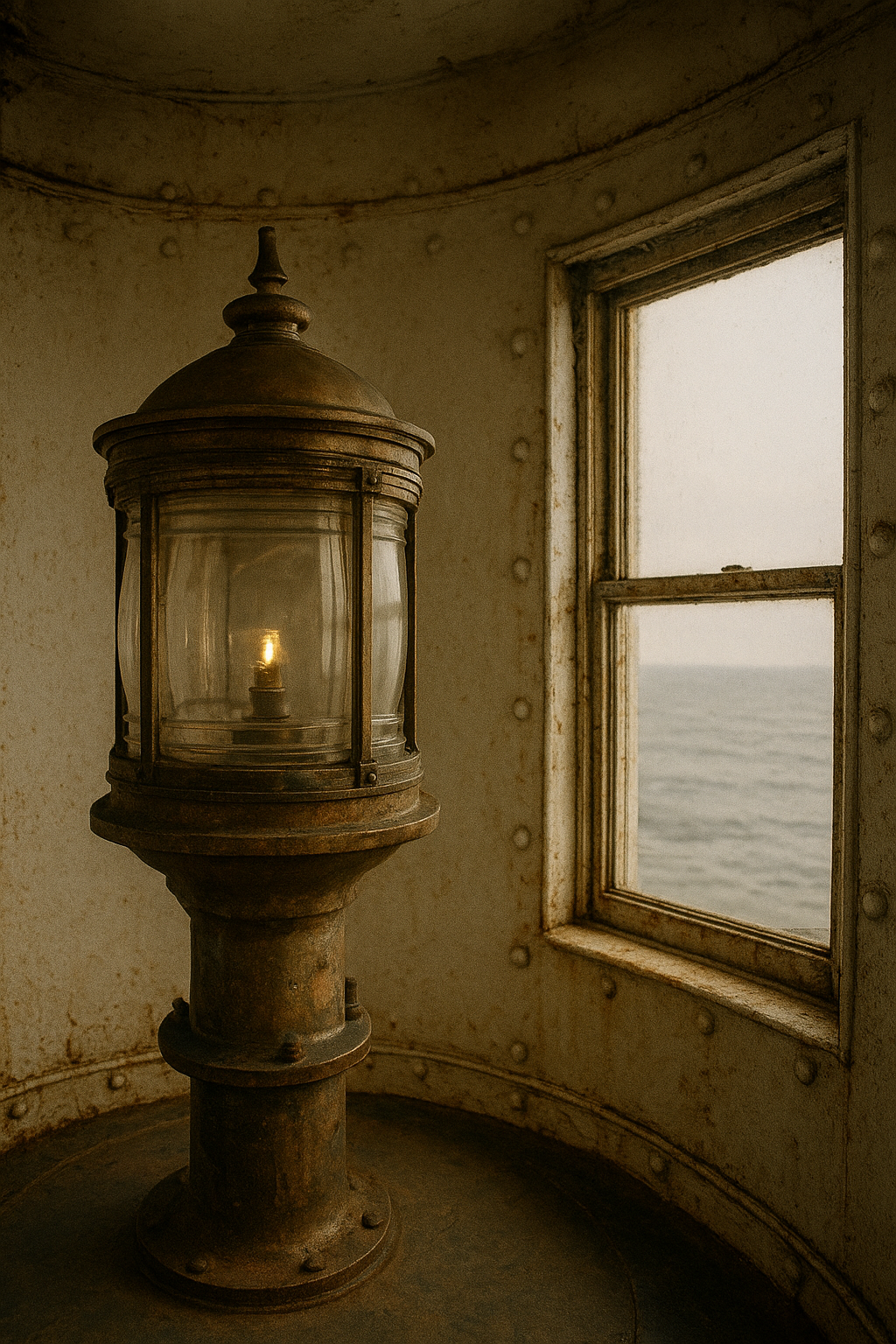 Close archival view of a lighthouse lantern room interior with weathered brass and salt-worn paint
