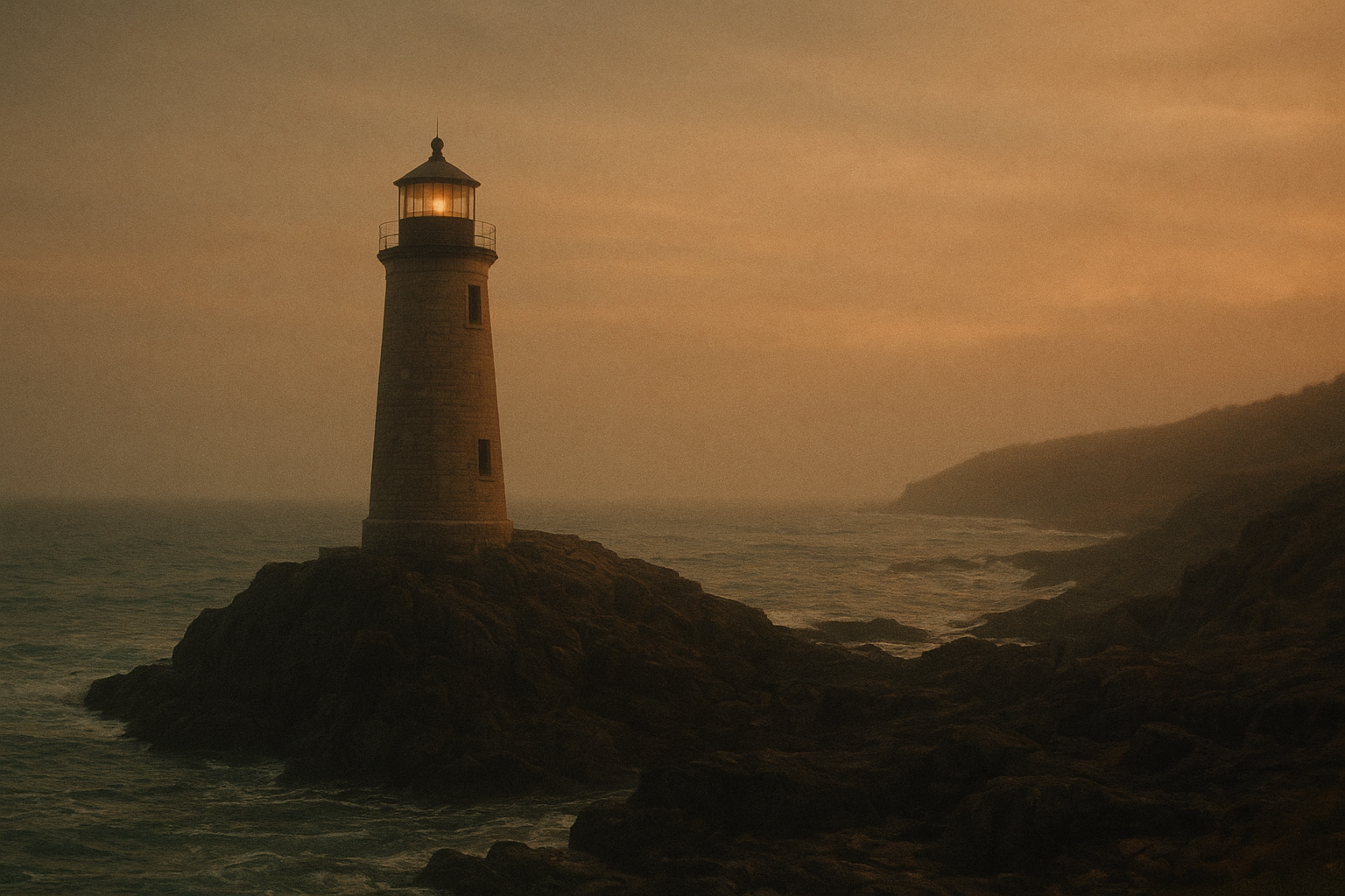Cinematic landscape photograph of a northern coast lighthouse on rugged cliffs at dusk with warm film tones and sea mist