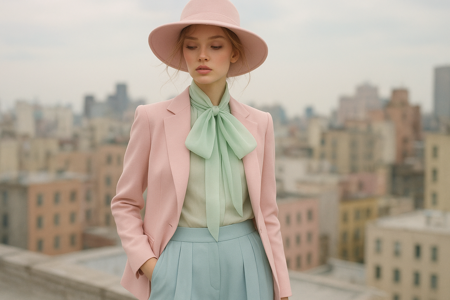 Model in pastel editorial look on city rooftop
