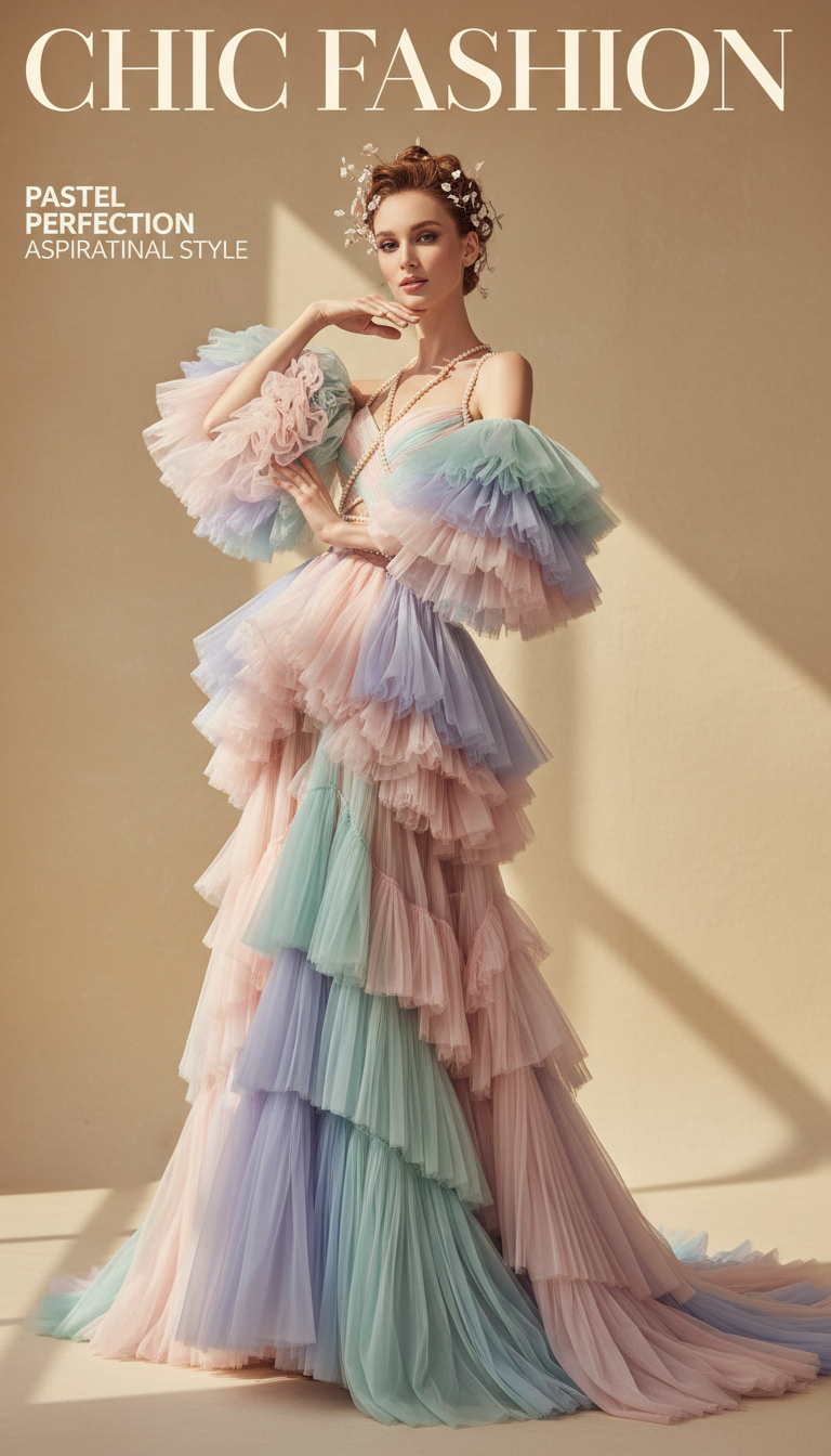 Editorial fashion model in elegant pastel attire, soft light, stylish pose on neutral background