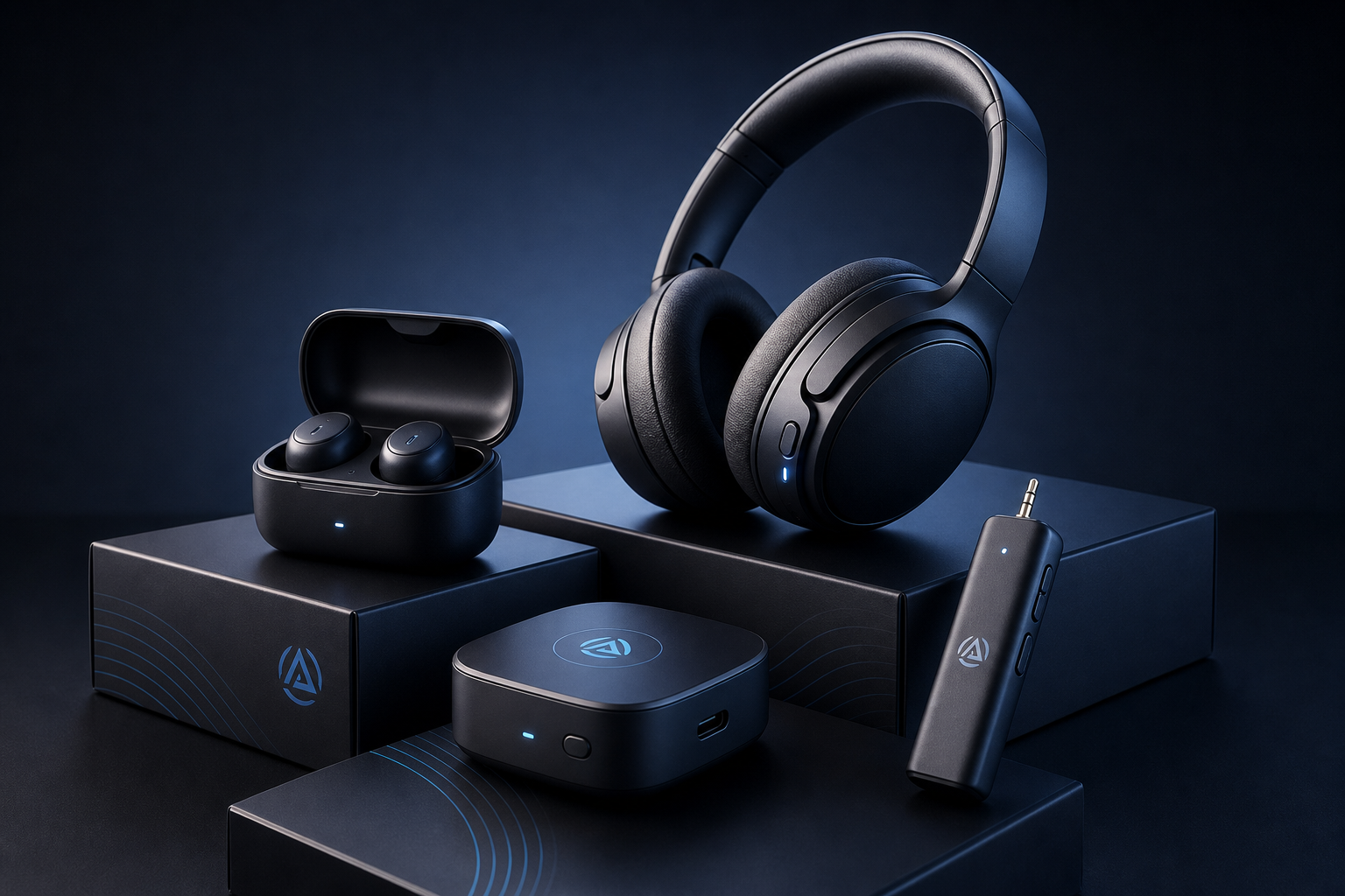 Polished product scene of modern Auracast wireless audio equipment silhouettes with packaging-style arrangement