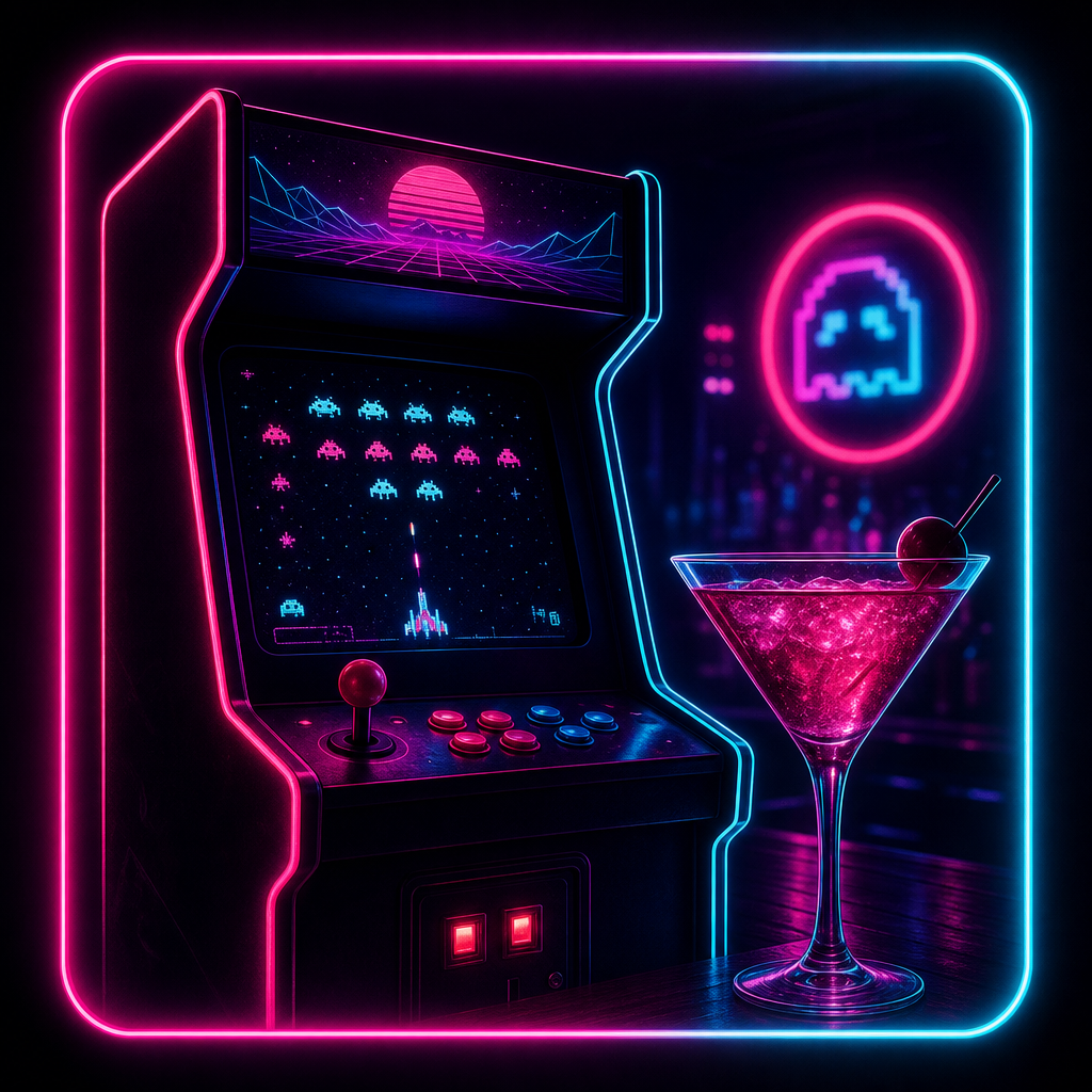 Stylized foreground accent showing a neon arcade cabinet beside a cocktail silhouette with cyan and magenta glow