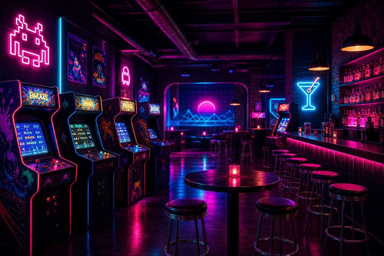 Stylized neon arcade bar interior with glowing cyan and magenta lights, classic cabinets, and a moody nightlife vibe