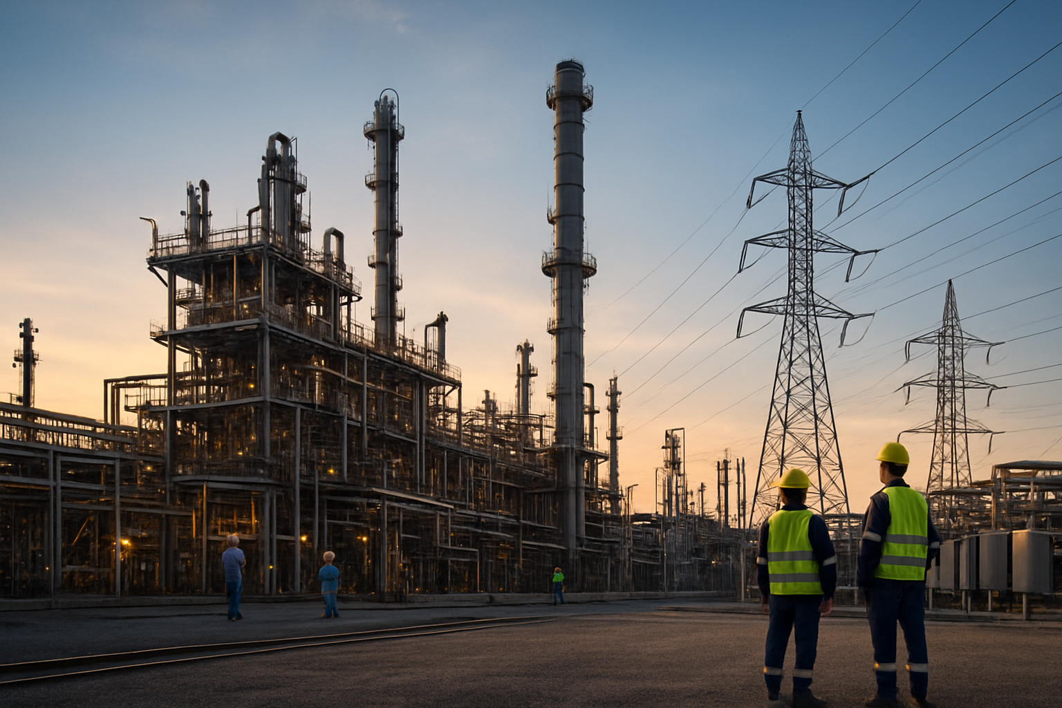 Planta industrial venezolana con maquinaria pesada, estructuras de acero, trabajadores con cascos y luces de alta tensión al atardecer