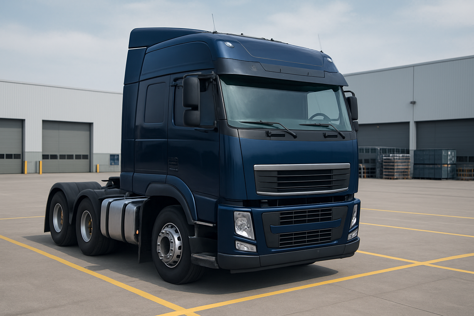 Camión industrial azul oscuro estacionado en patio logístico