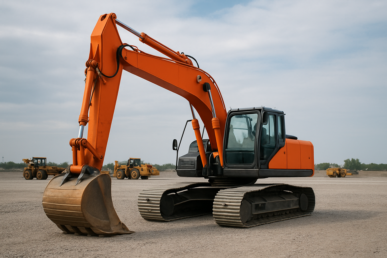Excavadora naranja en zona de obra civil con suelo de grava