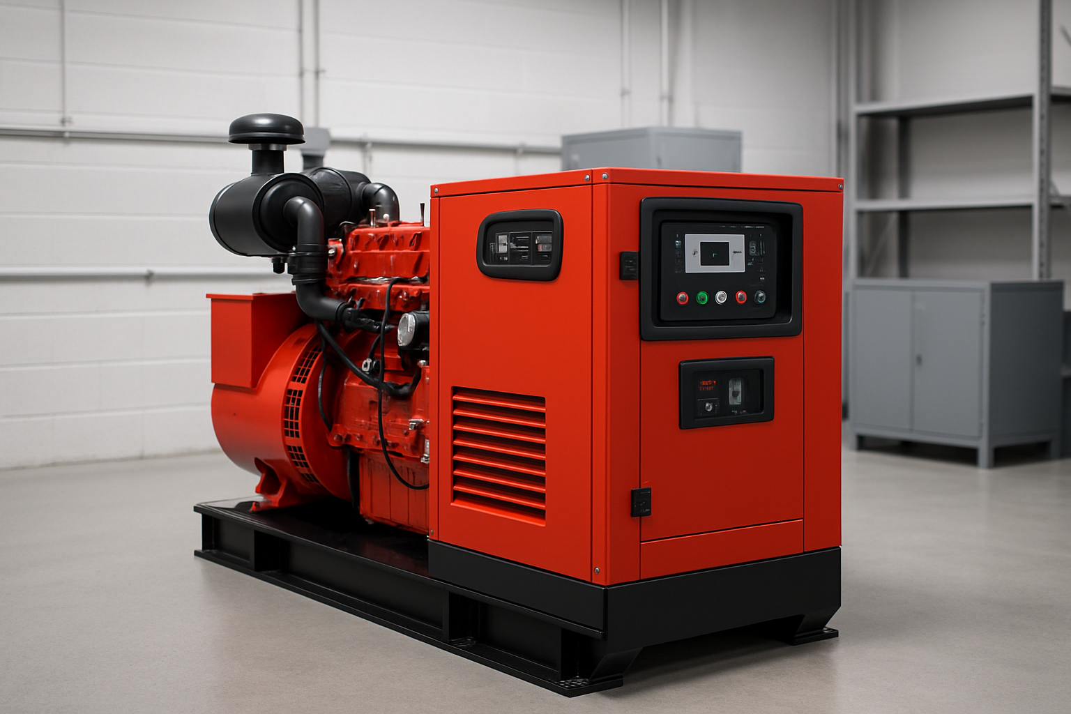 Generador industrial rojo con panel de control, ubicado en área técnica