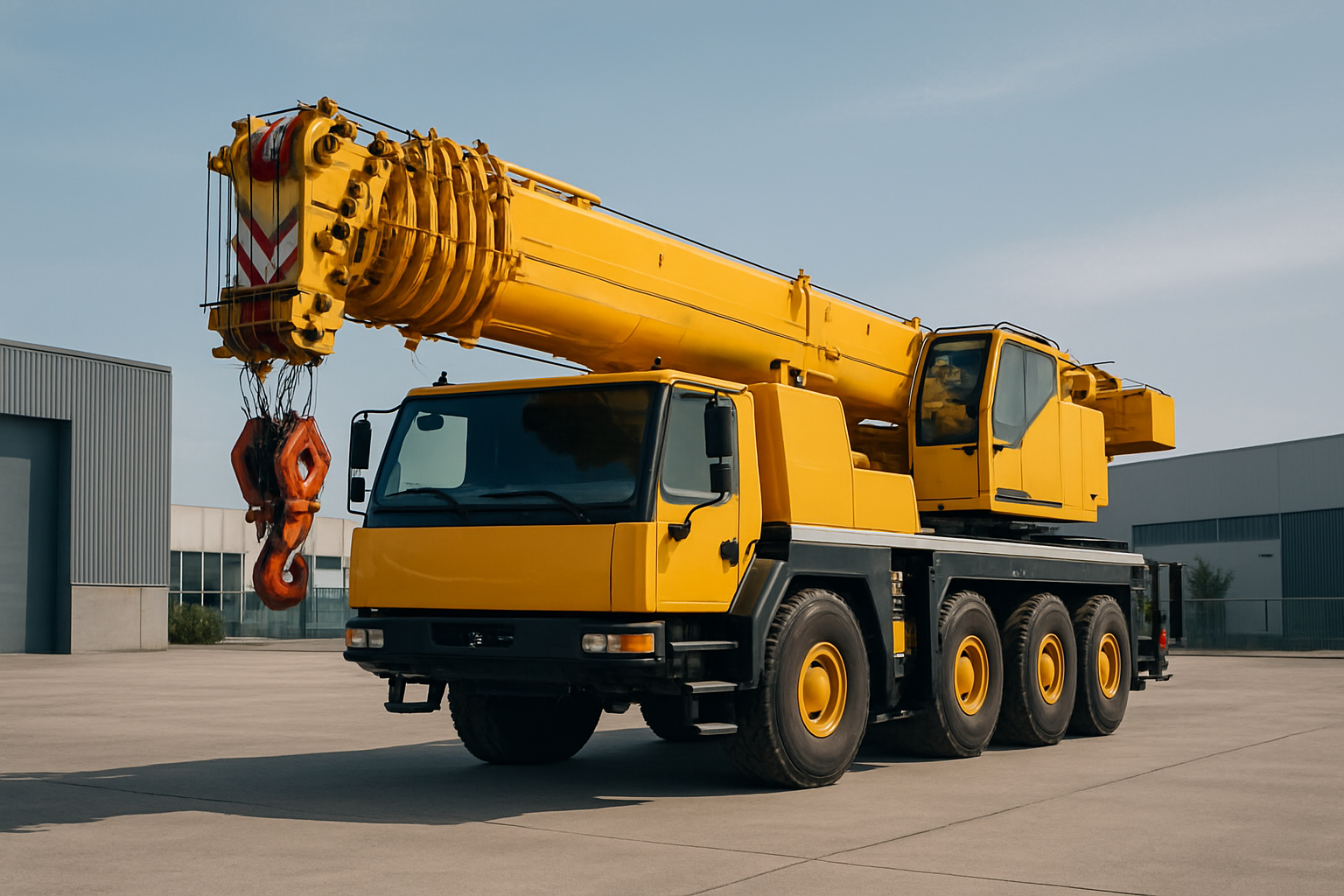 Grúa industrial de color amarillo en patio de trabajo con cielo despejado