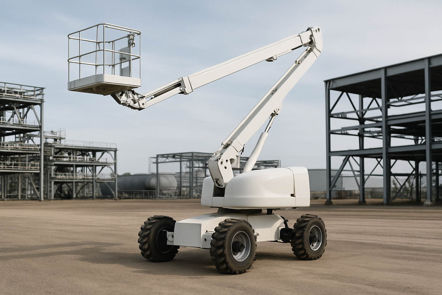 Plataforma elevadora blanca sobre terreno industrial con estructuras metálicas al fondo