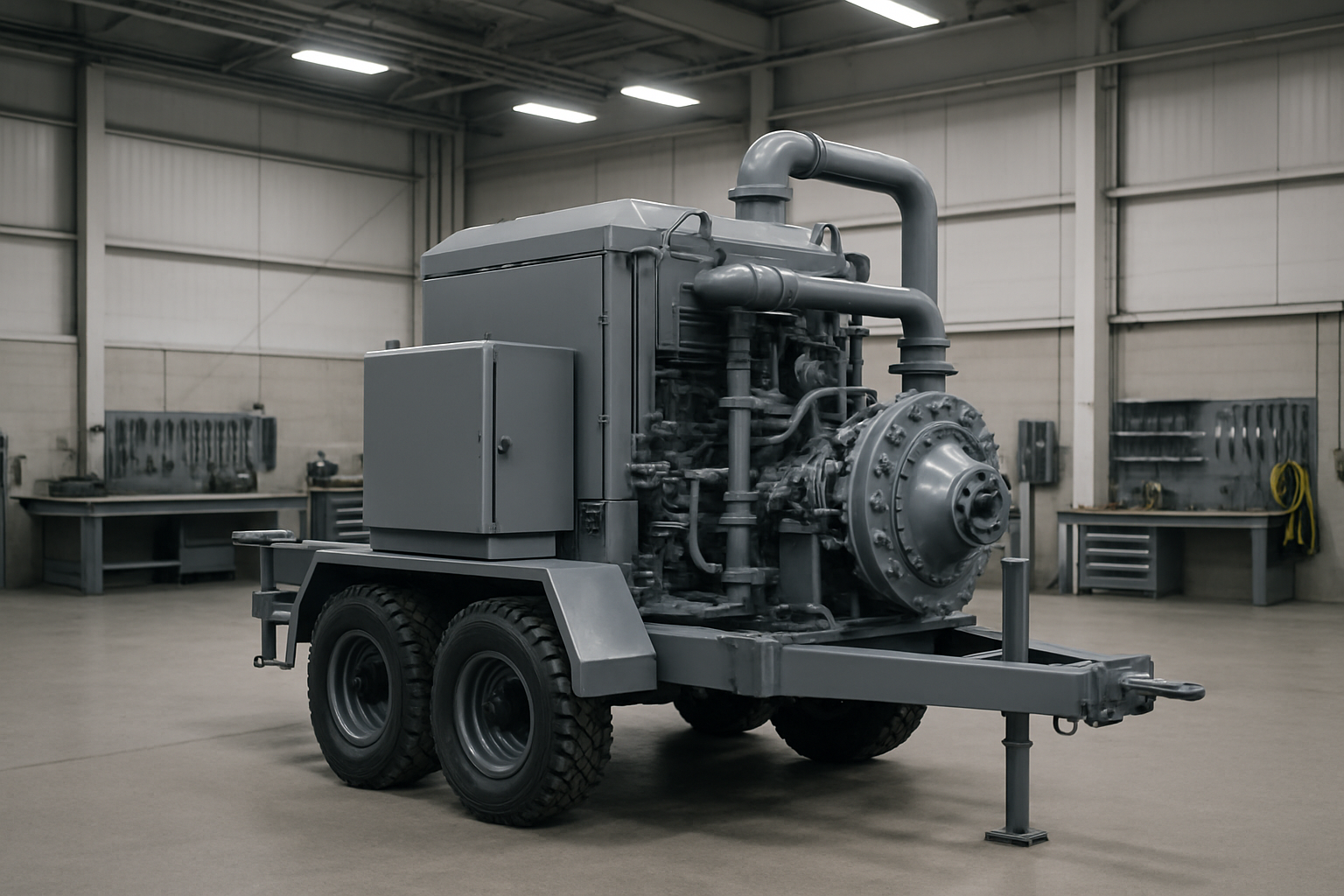 Equipo de mantenimiento gris en taller industrial con iluminación blanca