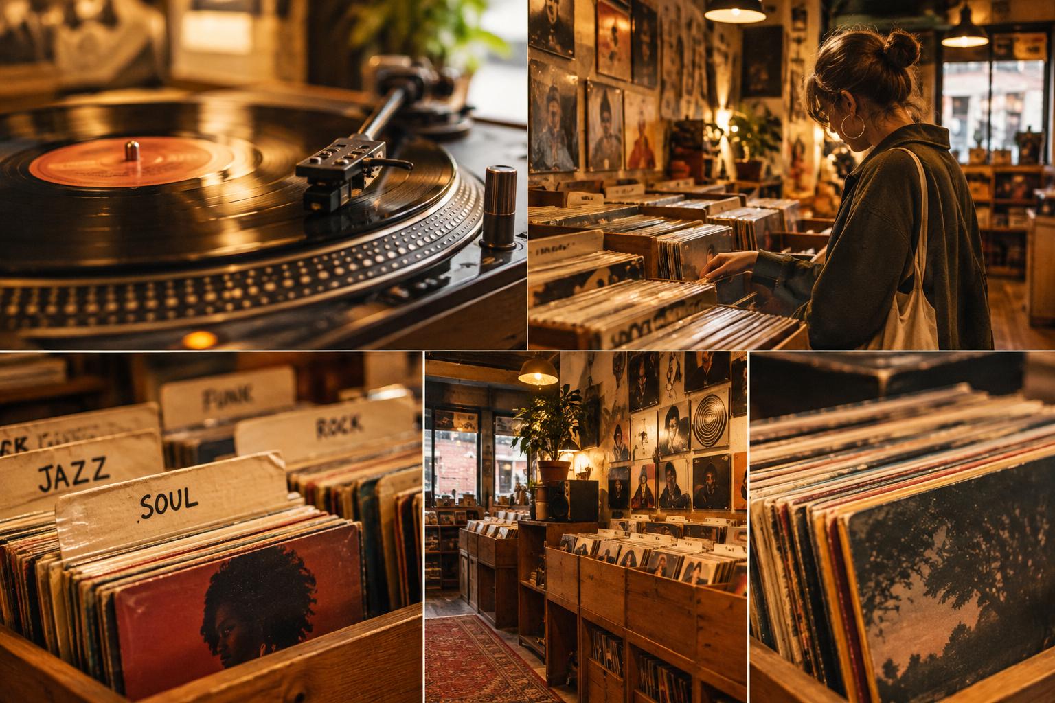 Warm vinyl record shop interior with stacked records, close turntable details, and a customer crate digging under analog light