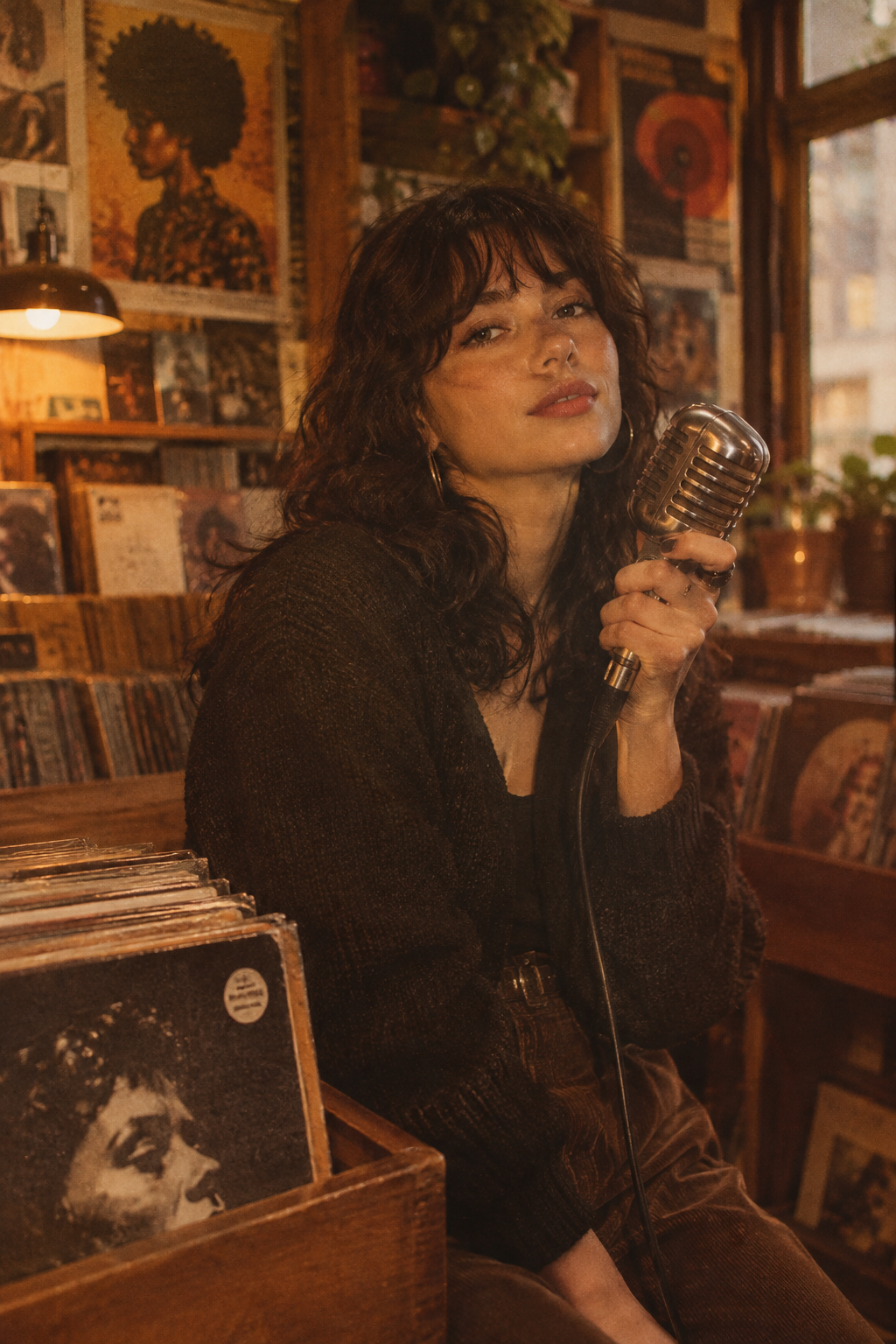 Warm-toned portrait-inspired visual of featured artist Mara Vale holding a vintage microphone beside stacked vinyl sleeves