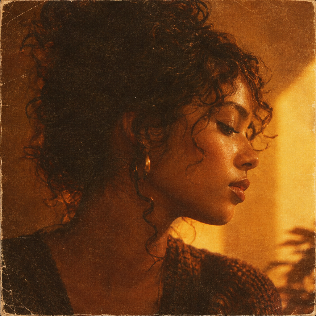 Analog-style sleeve visual with amber lighting, close-up of singer Aria Juno and textured paper grain