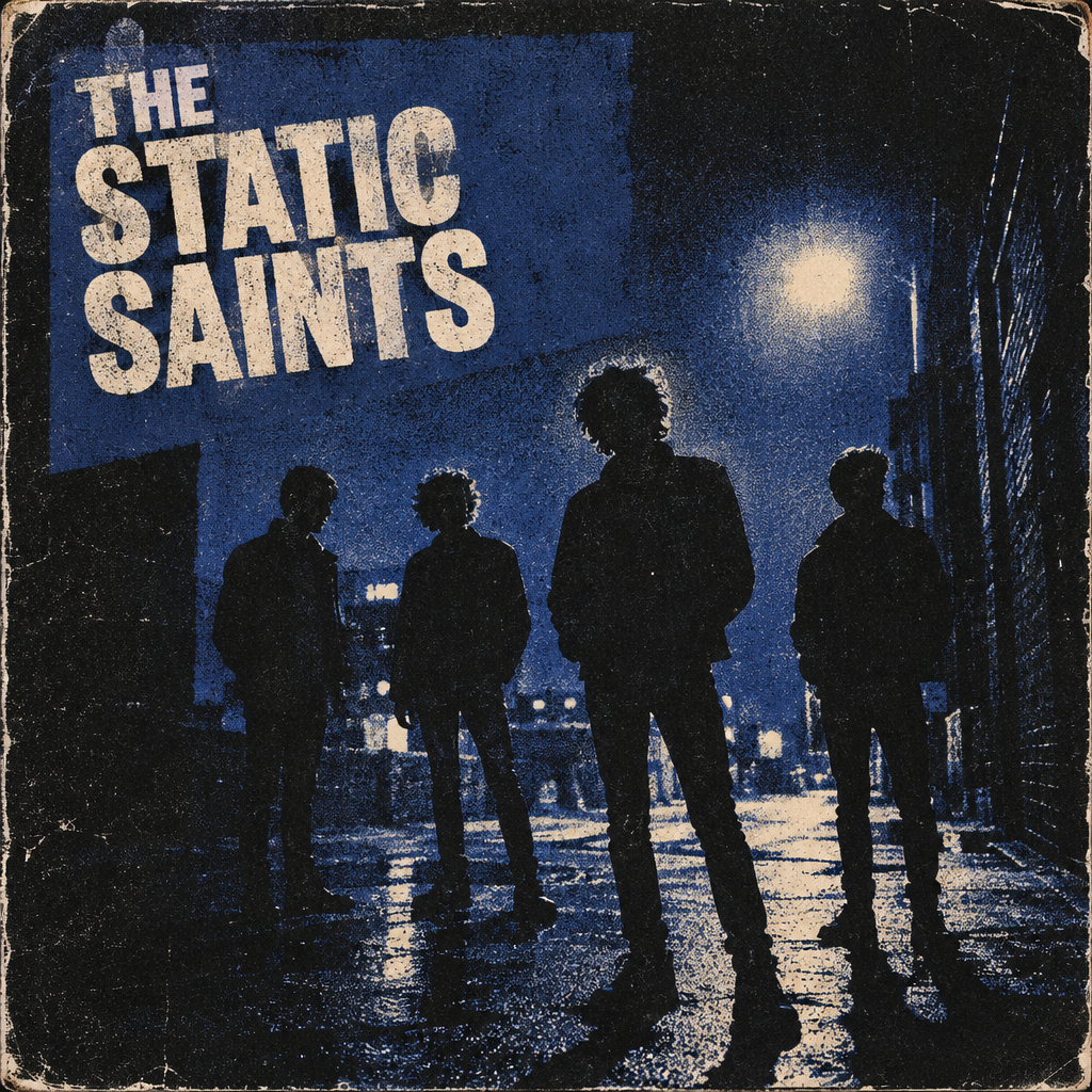 Grainy punk-inspired record sleeve visual with bold type, dark denim tones, and a four-piece band silhouette