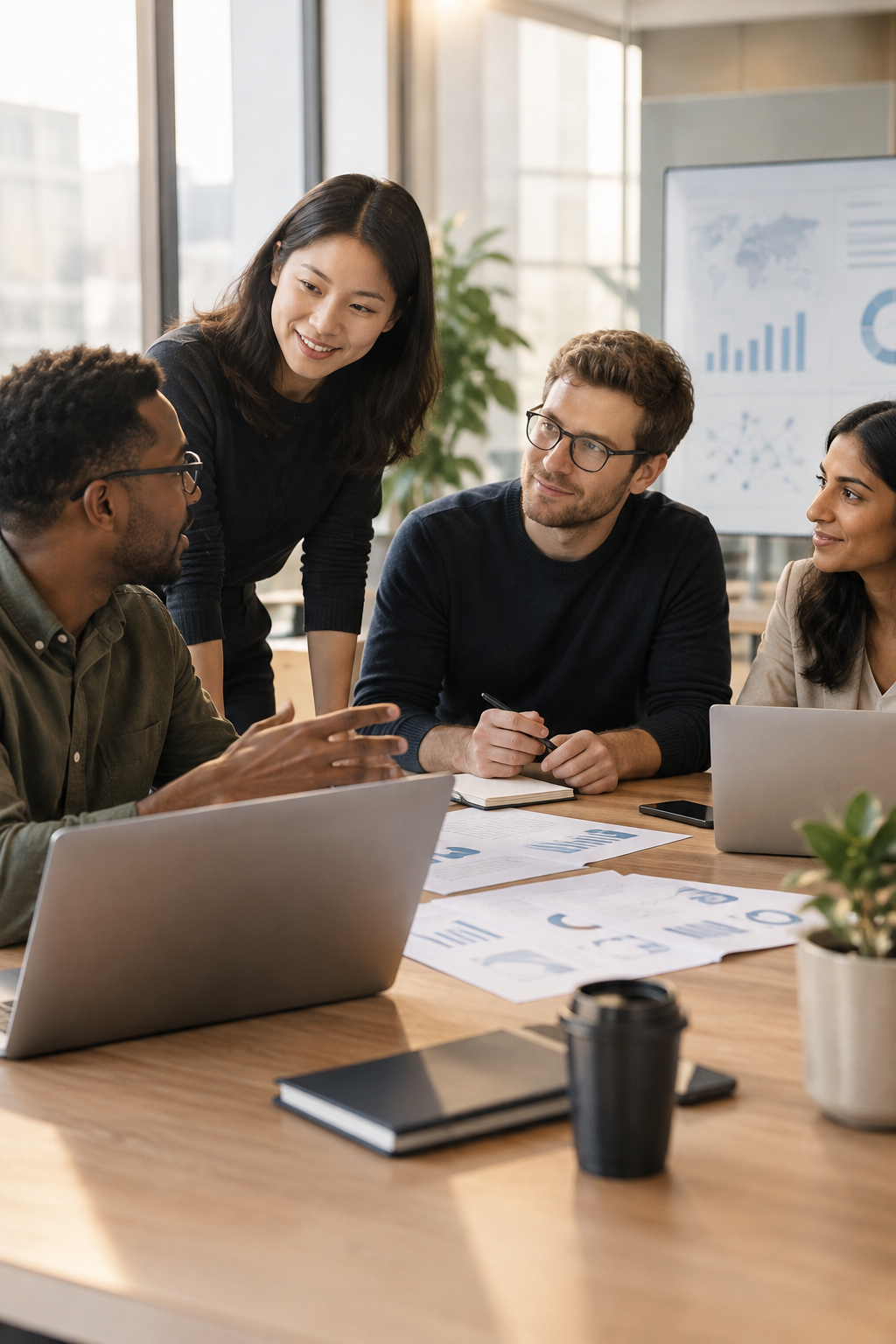Warm, collaborative hiring meeting with data and AI specialists reviewing staffing plans in a naturally lit office