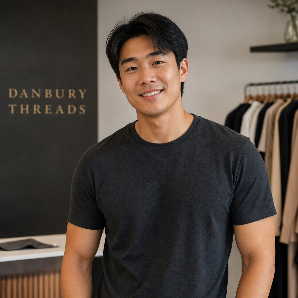 Portrait of Gabriel Cho, a repeat customer with light tan skin, straight black hair, and a charcoal t-shirt.