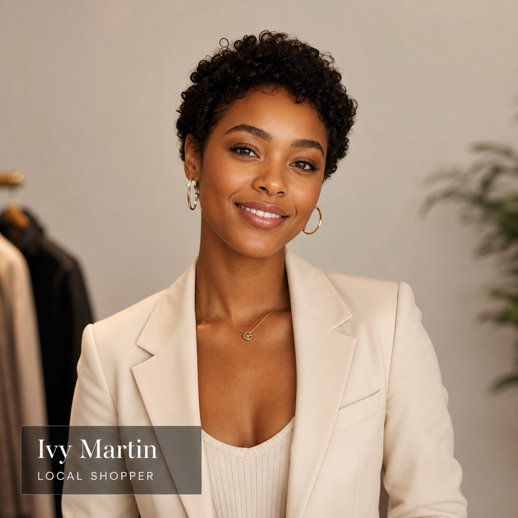 Portrait of Ivy Martin, a stylish local shopper with warm brown skin, short natural curls, and a soft cream blazer.