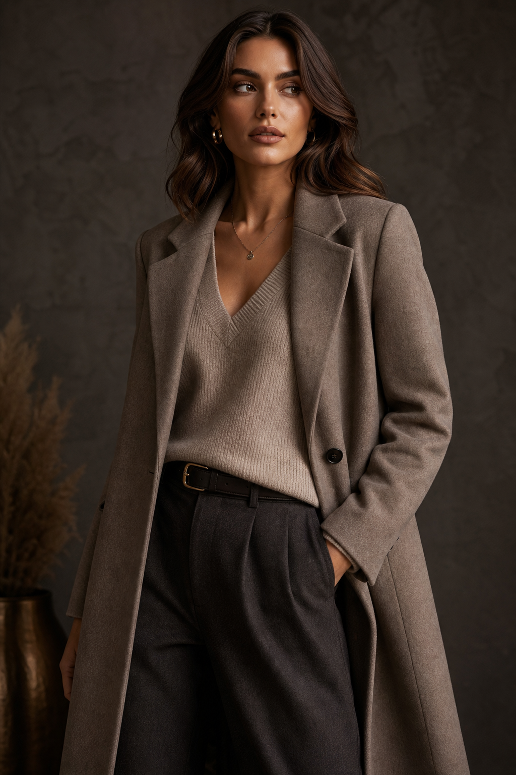Model wearing a tailored neutral coat over a soft knit top, modern boutique look