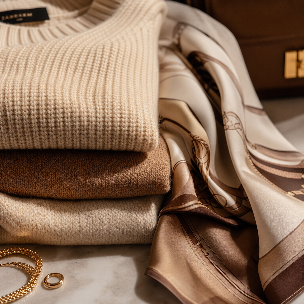 Close-up of folded knitwear and silk accessories in warm neutral tones