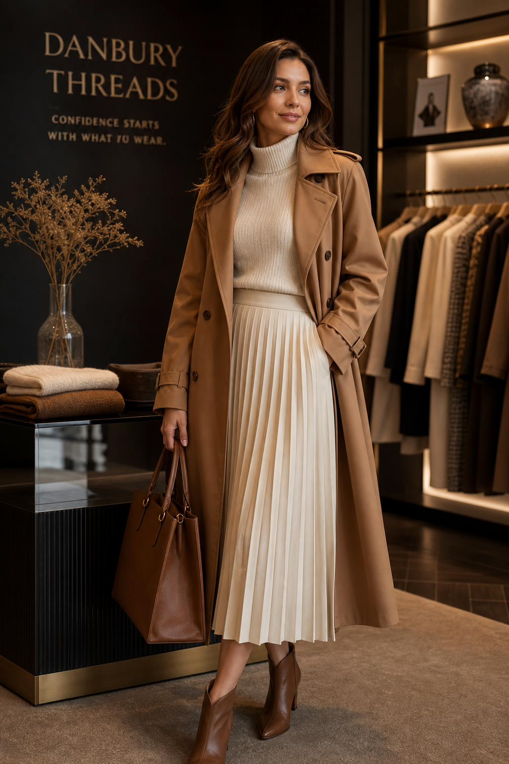 Woman in a soft caramel trench coat layered over a cream turtleneck and pleated skirt, holding a structured tote