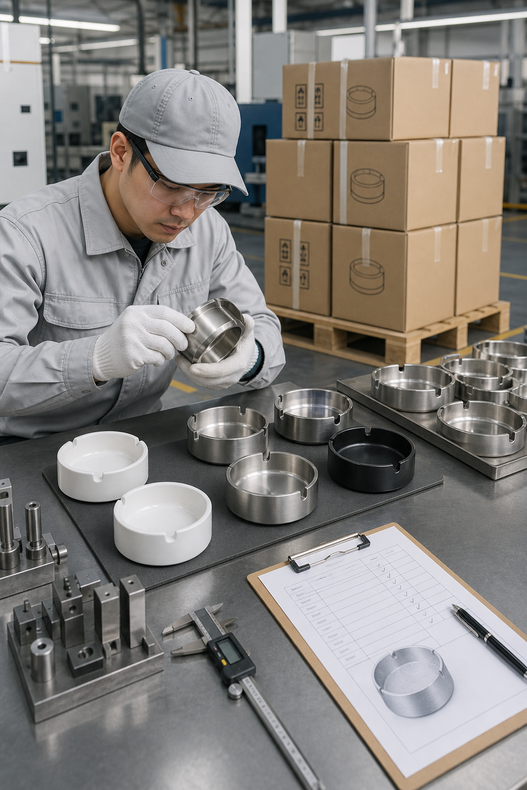 Industrial ashtray production workflow with quality inspection and packed export cartons