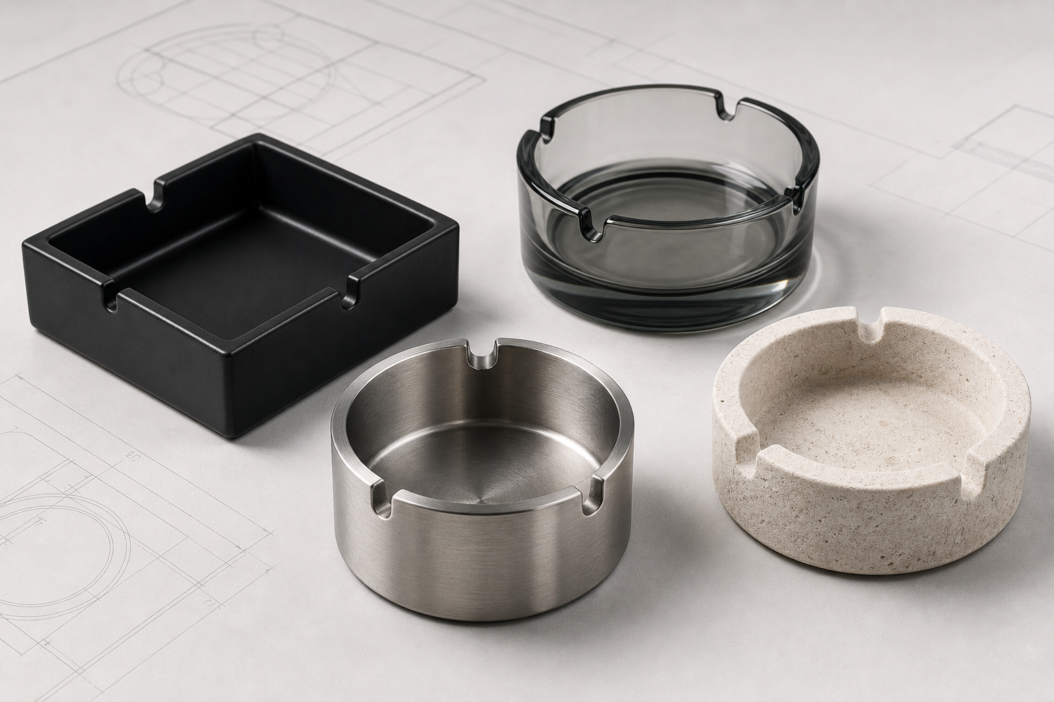 Curated arrangement of premium ceramic, glass, and stainless steel ashtrays in a clean industrial studio presentation