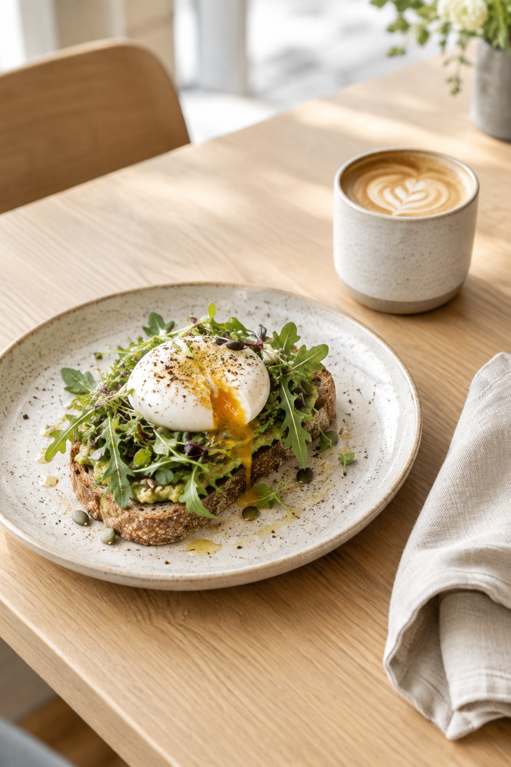 Seasonal breakfast toast on a simple stoneware plate beside a linen napkin and coffee