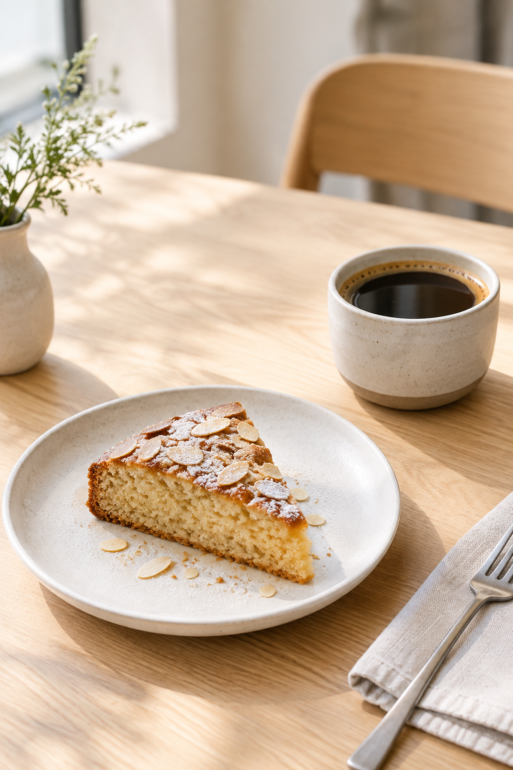 Slice of almond cake and a dark coffee on a softly lit light wood table