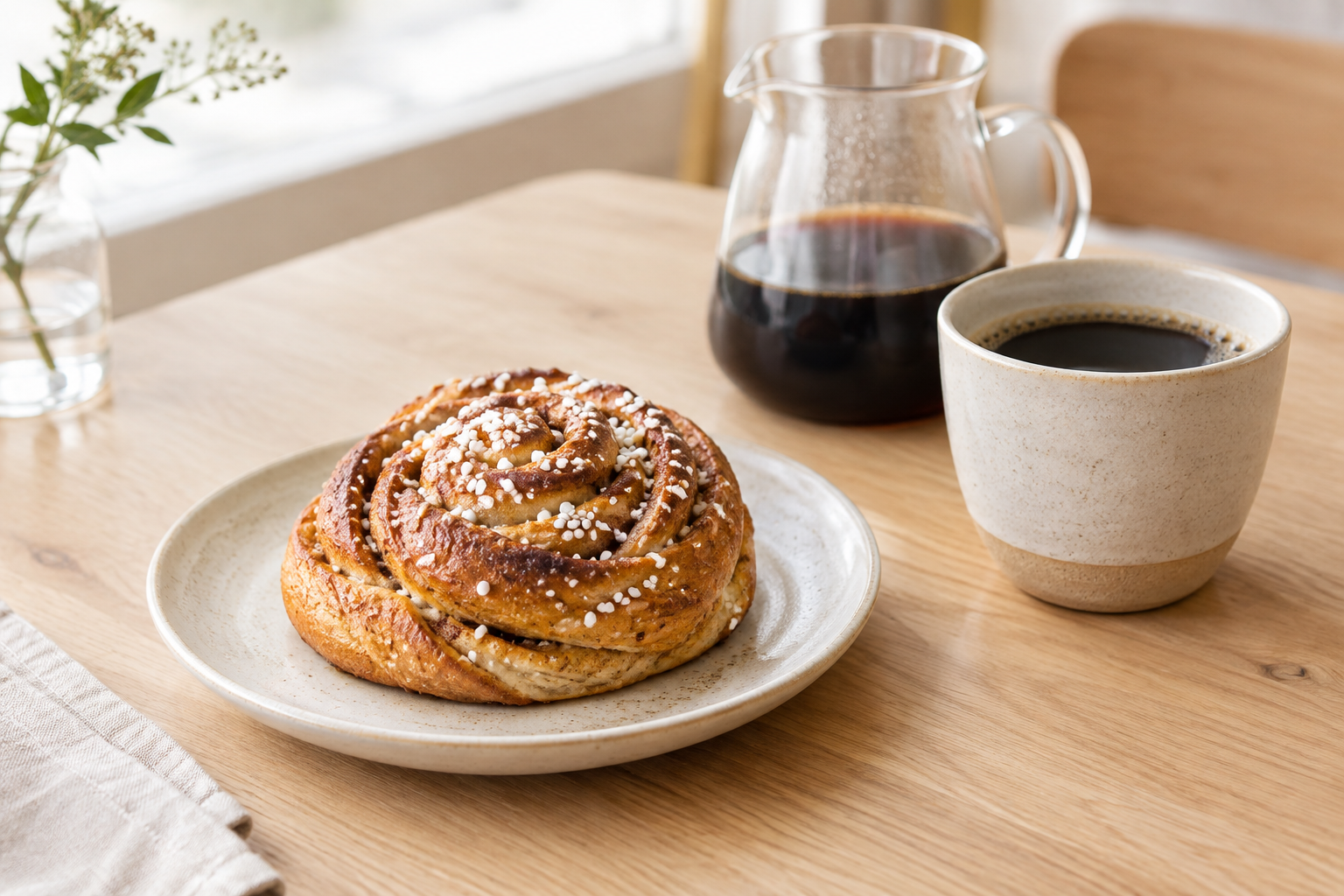 Golden cardamom bun with pearl sugar on a pale ceramic plate beside a small filter coffee in soft morning light