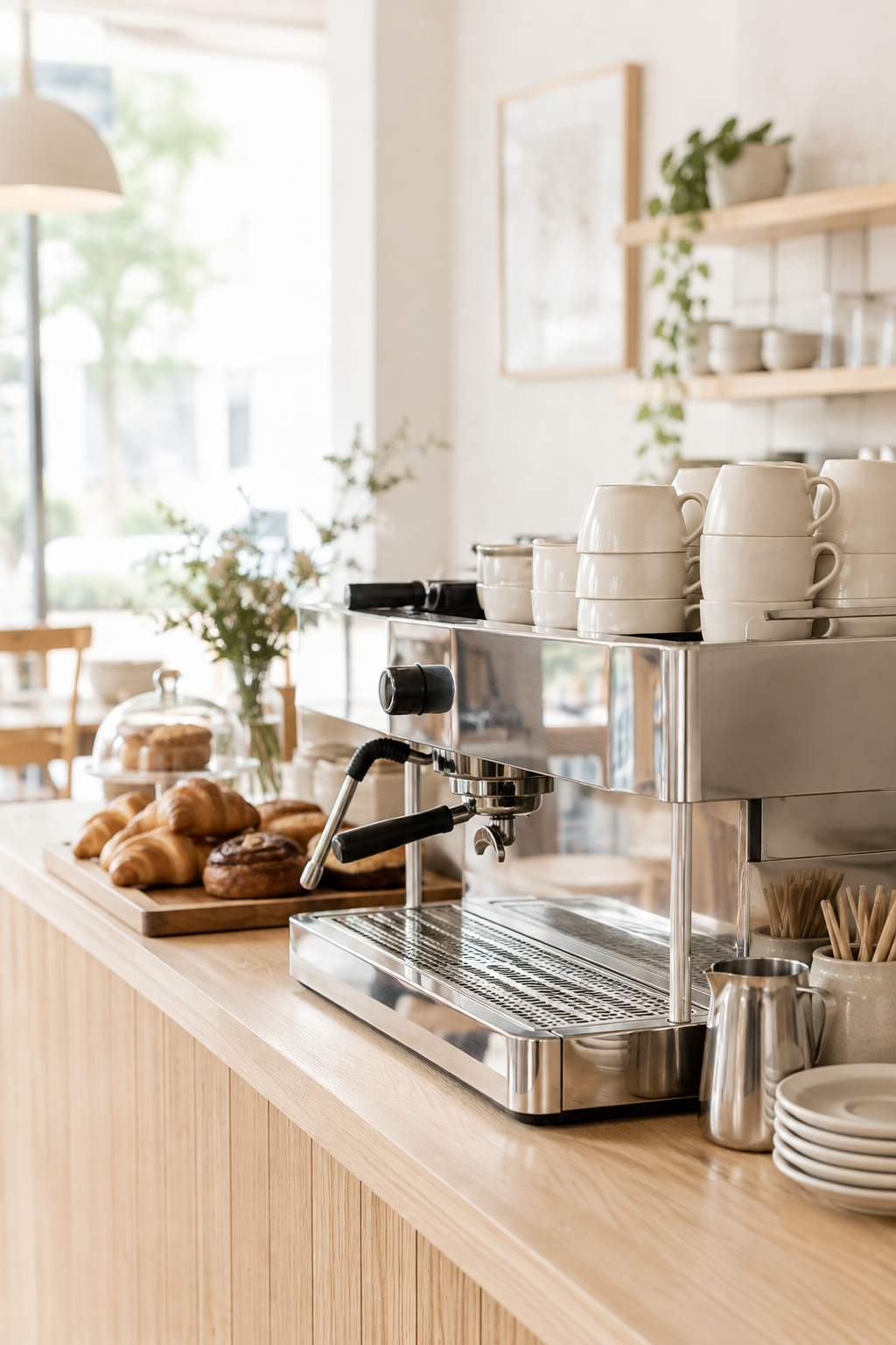 Polished espresso machine and neatly stacked ceramic cups at a calm light wood coffee bar