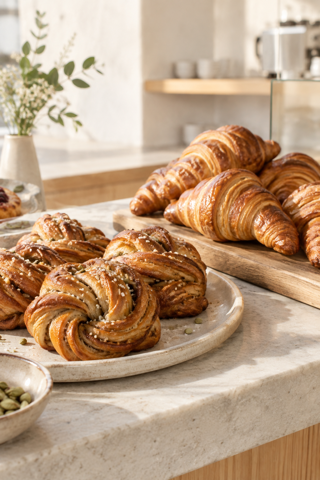 Golden cardamom buns and flaky croissants arranged on a pale stone cafe counter