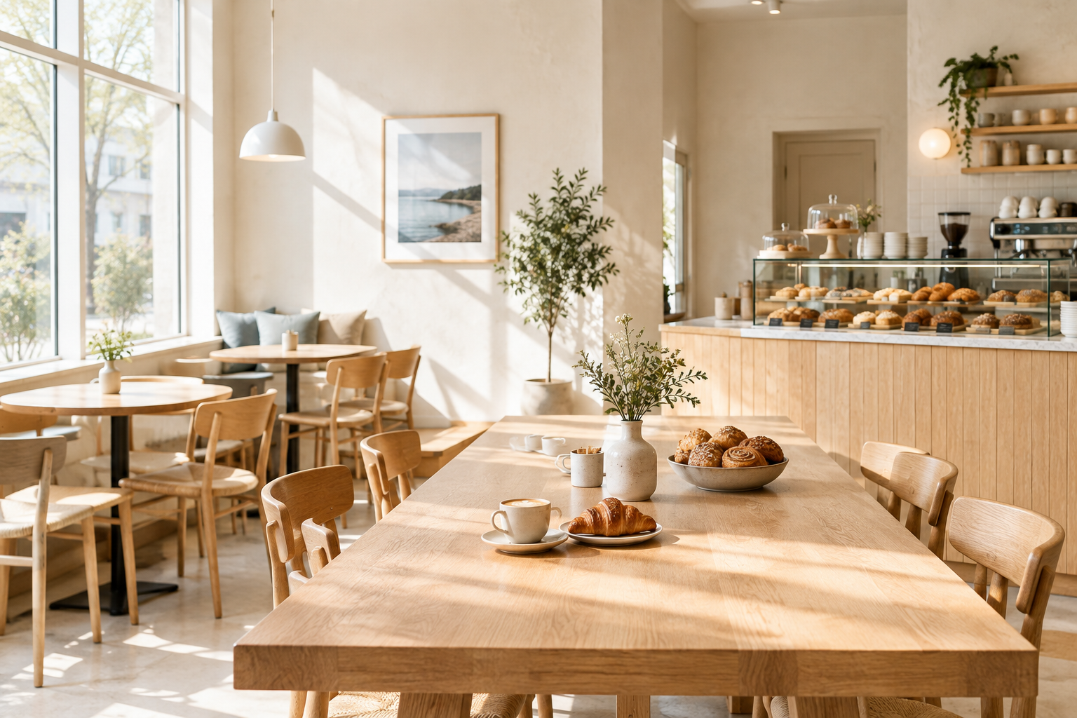 Bright Scandinavian-inspired North Dock Coffee interior with pale wood tables, cream walls, pastries and soft morning window light
