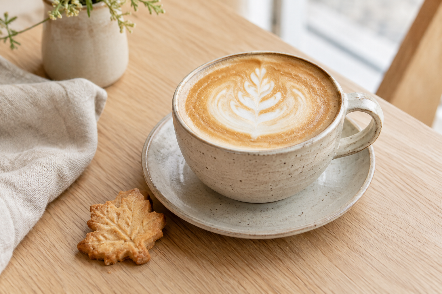 Creamy oat milk latte with subtle leaf art in a handmade stoneware cup, framed by a maple biscuit in natural window light