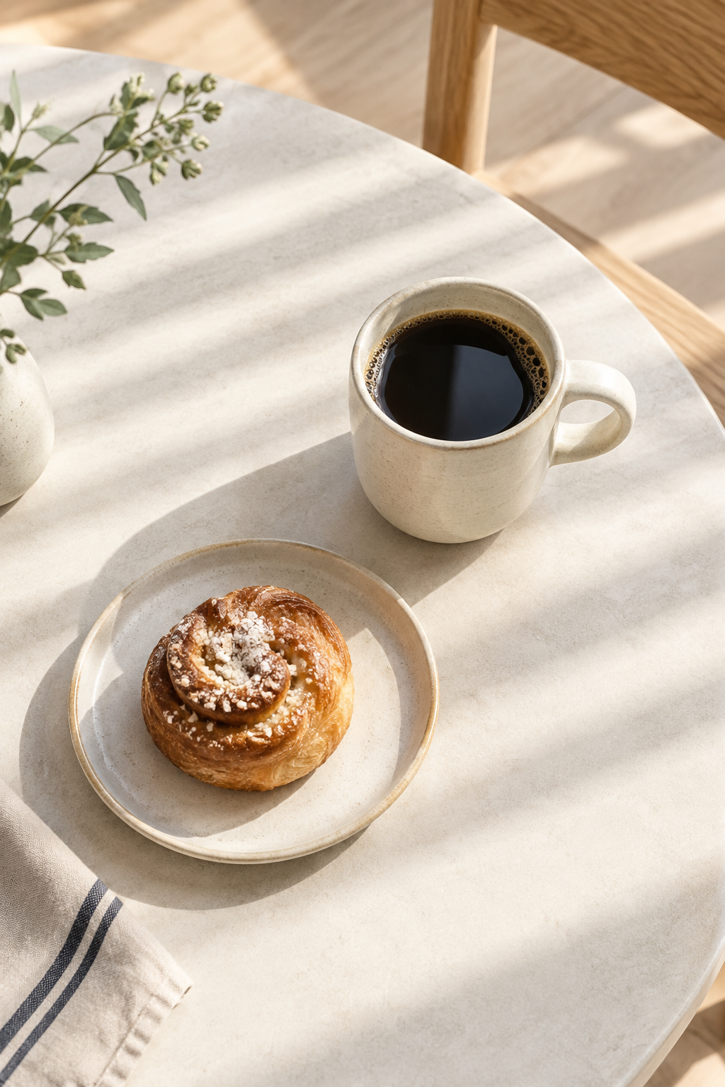 Filter coffee and a small pastry catching soft morning shadows on an off-white tabletop