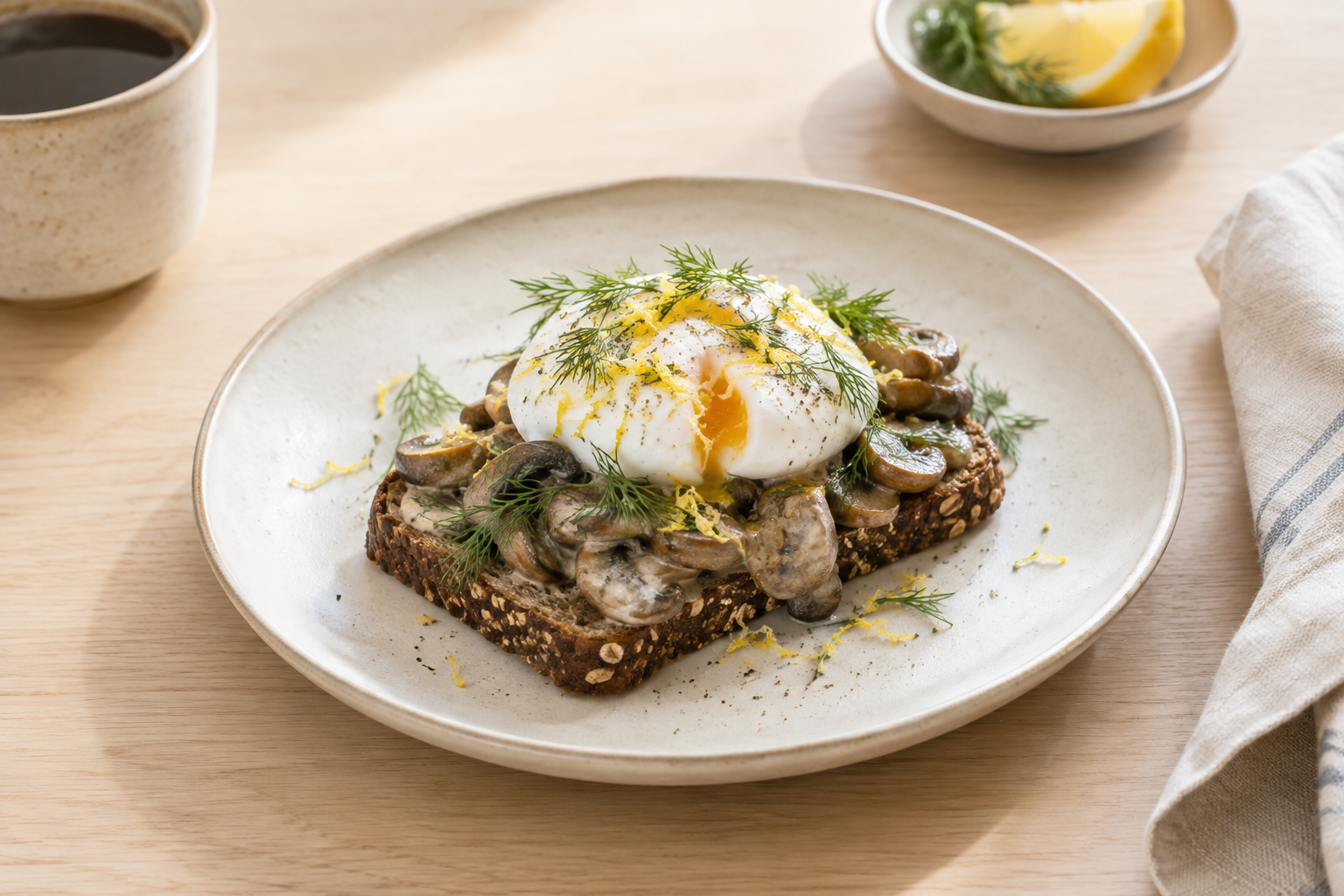 Open-faced rye toast topped with creamy mushrooms, herbs, and a soft egg on a warm wood cafe table