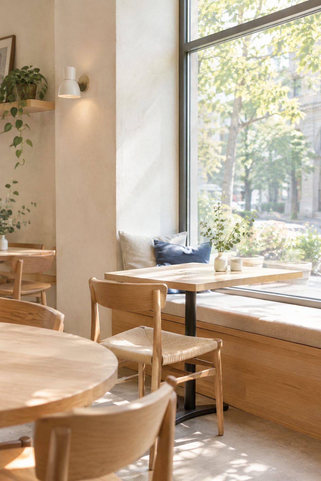 Sunlit window seat in a bright Scandinavian neighborhood cafe with pale wood chairs and off-white walls