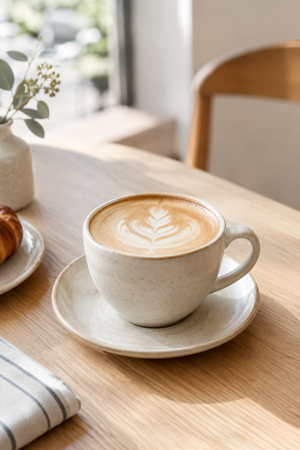 Creamy oat milk latte in a handmade ceramic cup on a light oak cafe table