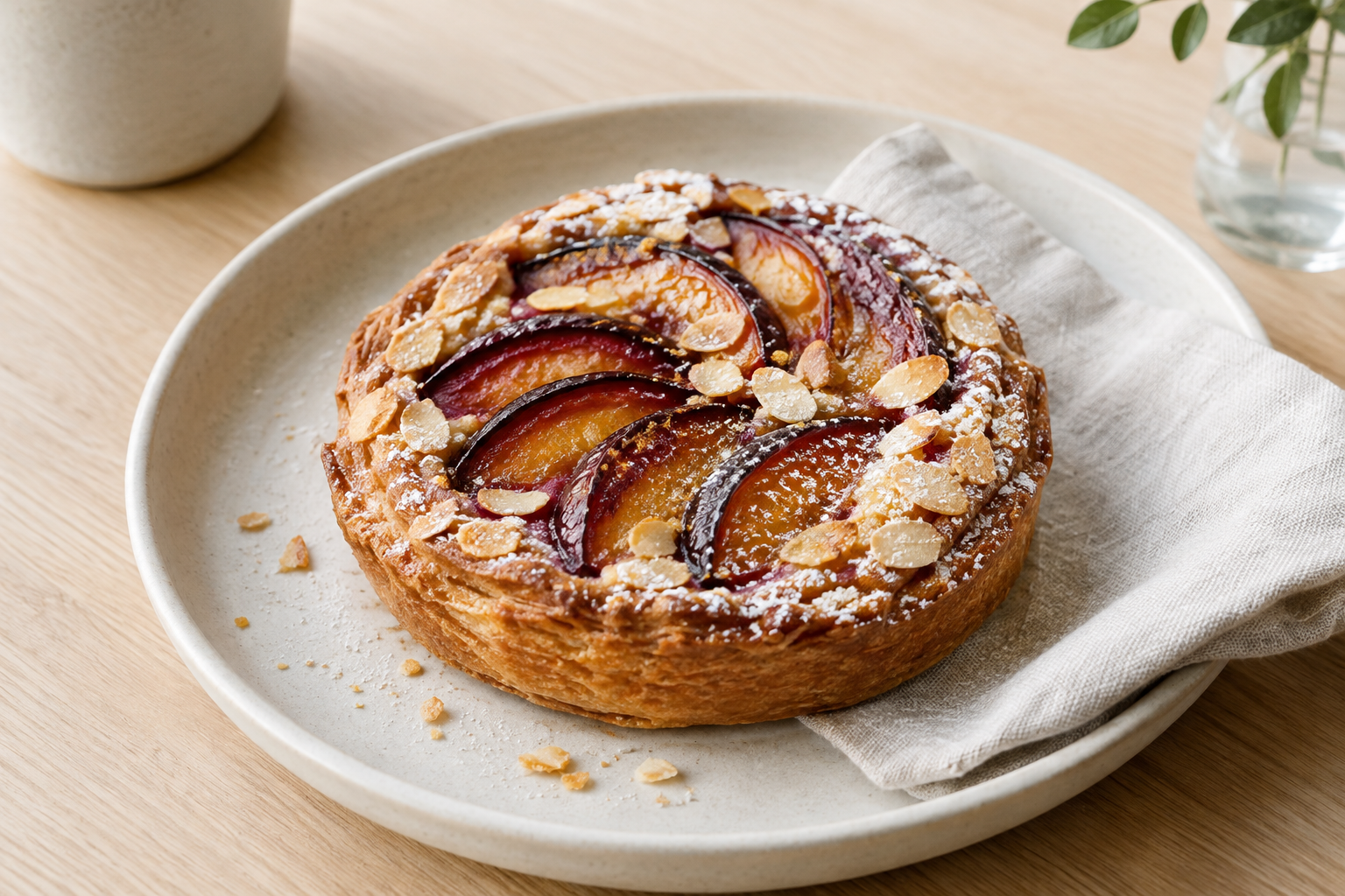 Rustic almond frangipane tart with glossy roasted purple plums and a dusting of sugar on a linen-lined plate
