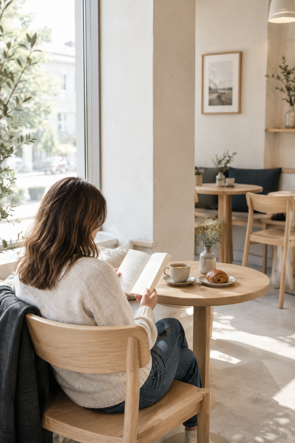 A relaxed cafe guest reading near a large window in a bright, uncluttered coffee shop