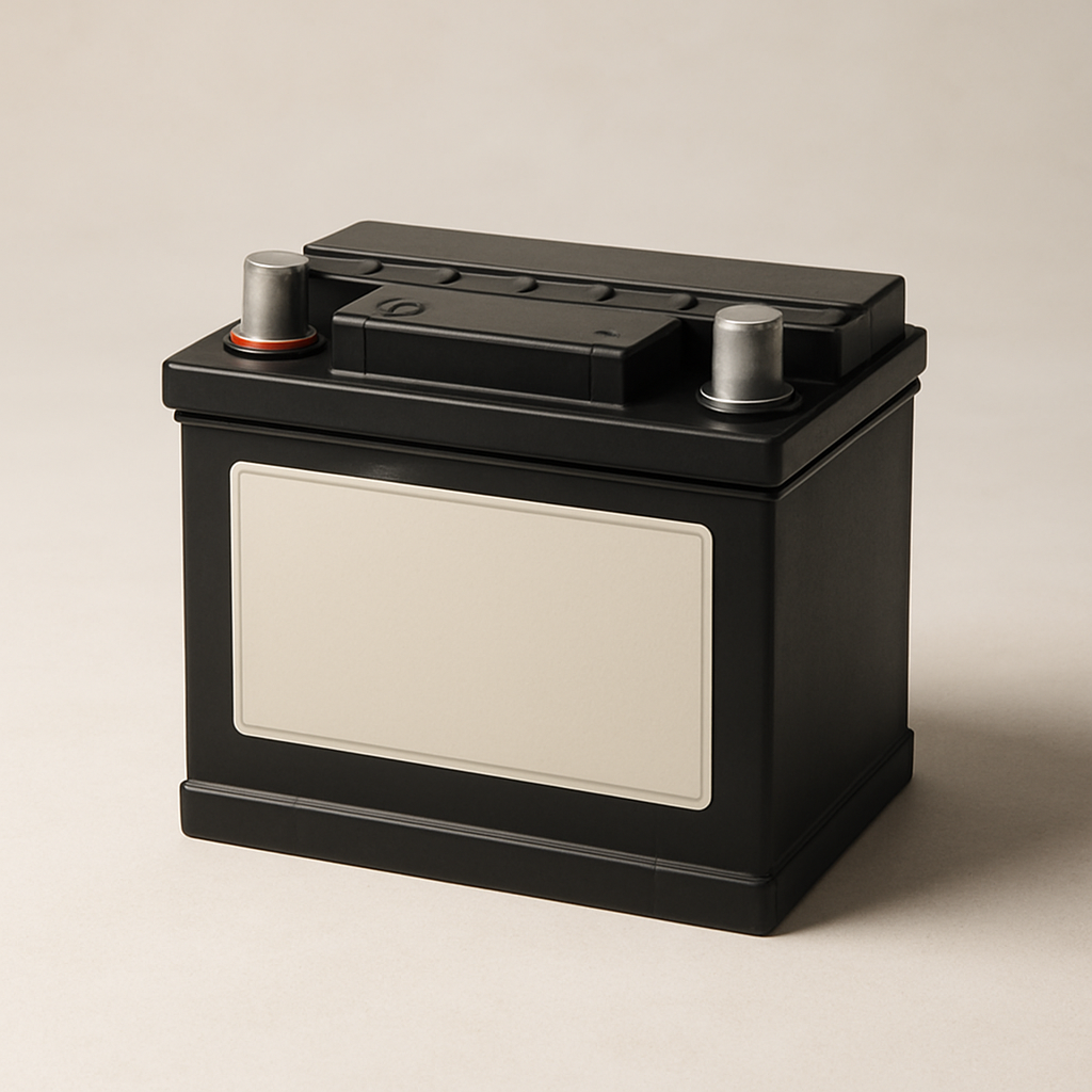 Compact 12V car battery product photo with clear terminals and clean label