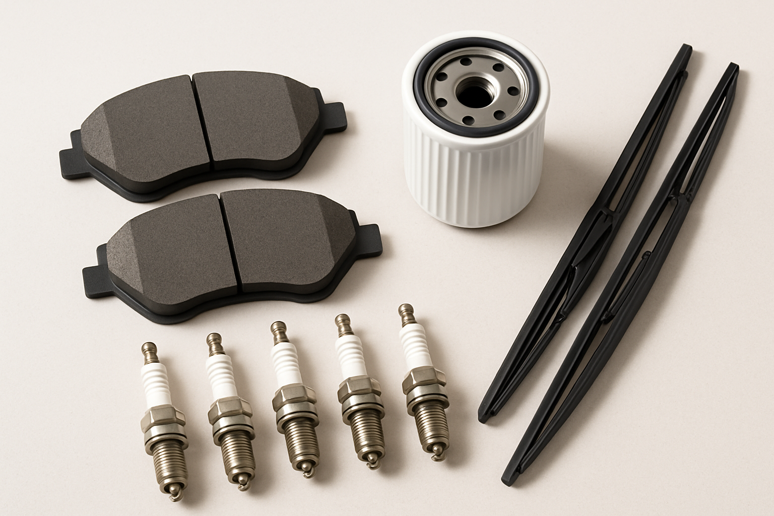 Top-down product arrangement of brake pads, oil filter, spark plugs, and wiper blades on a clean studio surface