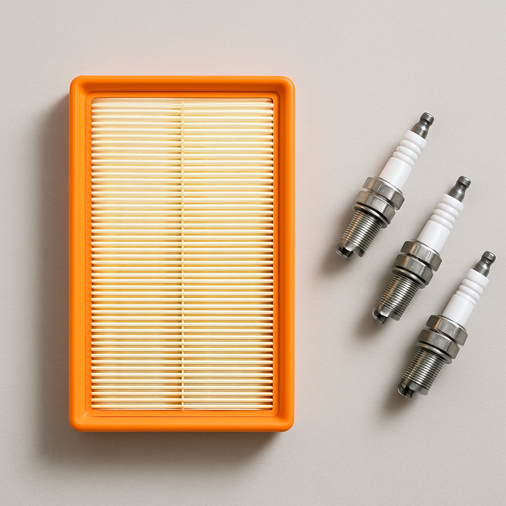 Engine air filter and spark plugs photographed together in a tidy product composition