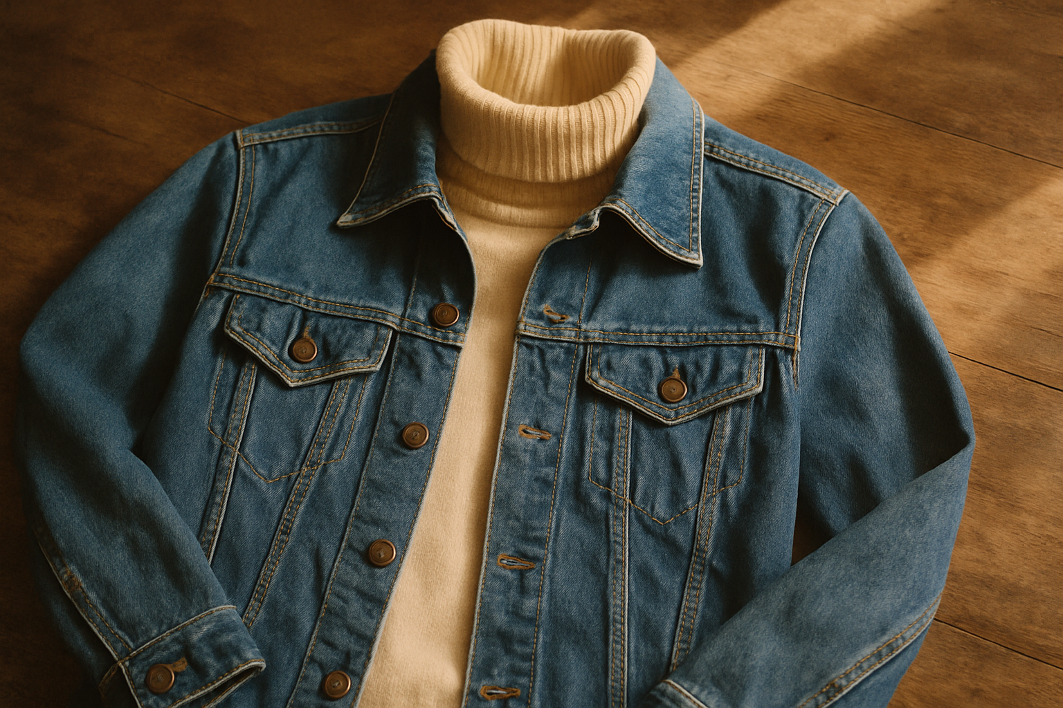 Warm film-style photograph of a vintage 1970s denim jacket layered over a cream turtleneck, laid on a wooden table with soft afternoon light