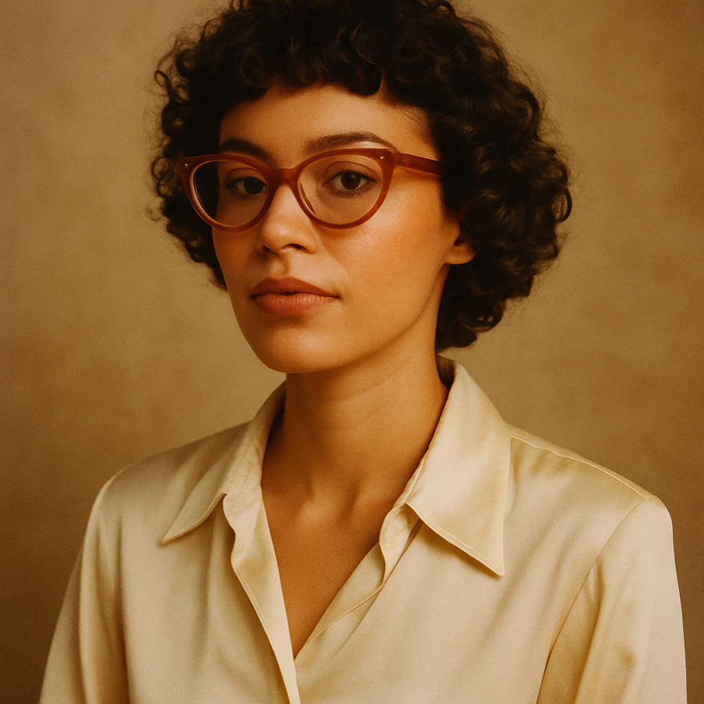 Portrait of a stylish woman with a short curly bob and amber cat-eye glasses, wearing a cream silk blouse